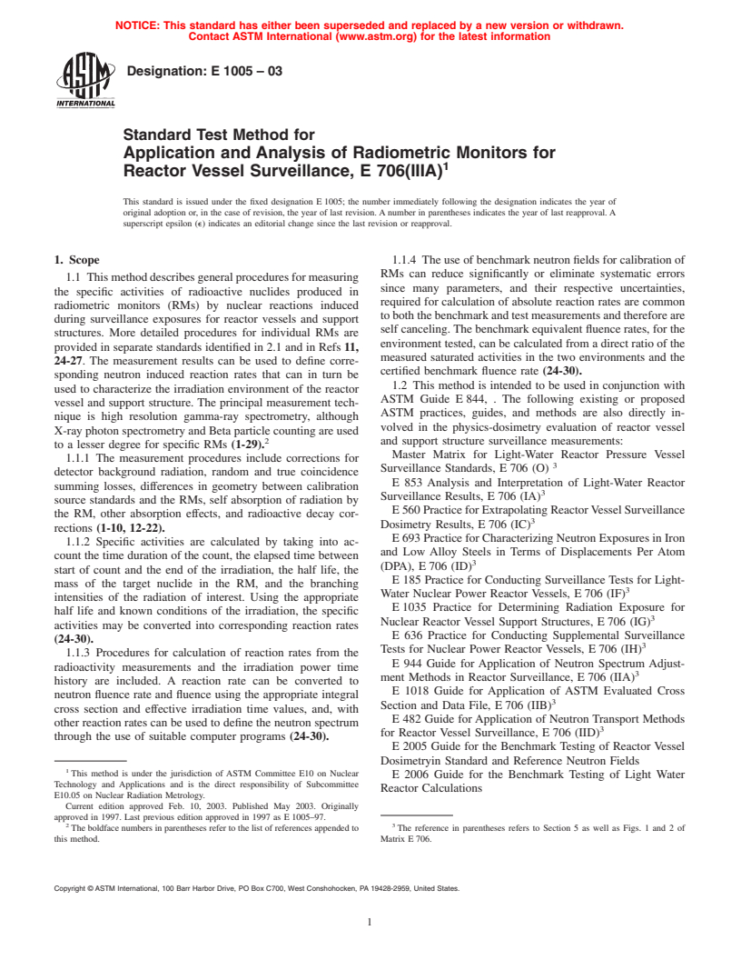 ASTM E1005-03 - Standard Test Method for Application and Analysis of Radiometric Monitors for Reactor Vessel Surveillance, E 706(IIIA)