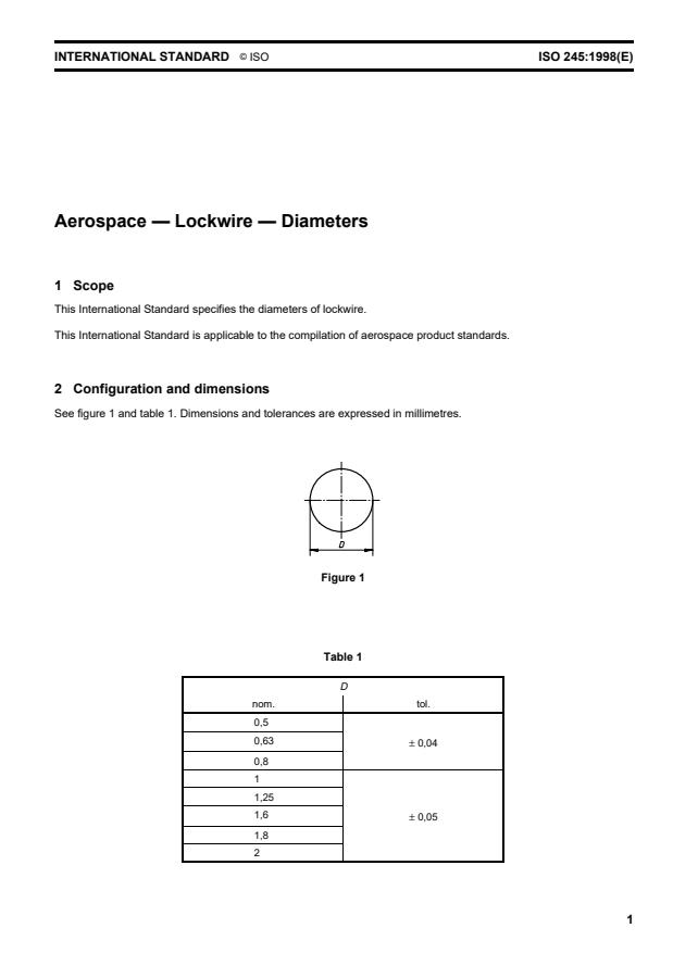 ISO 245:1998 - Aerospace -- Lockwire -- Diameters