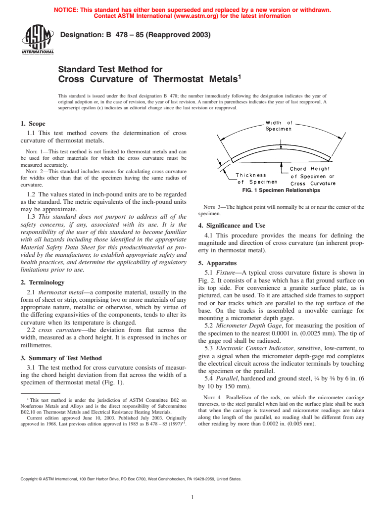 ASTM B478-85(2003) - Standard Test Method for Cross Curvature of Thermostat Metals