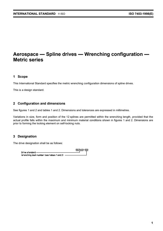 ISO 7403:1998 - Aerospace -- Spline drives -- Wrenching configuration -- Metric series