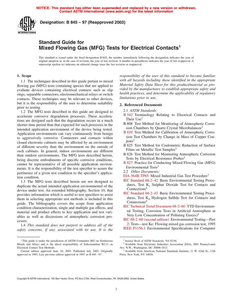 ASTM B845-97(2003) - Standard Guide for Mixed Flowing Gas (MFG) Tests for Electrical Contacts
