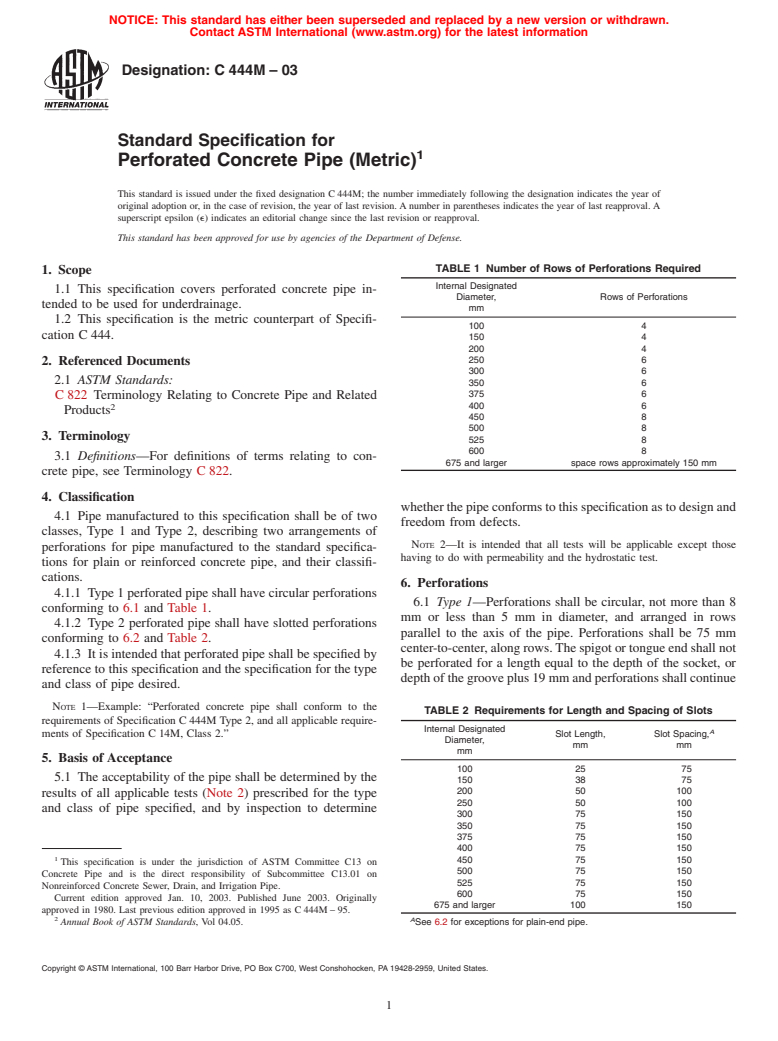 ASTM C444M-03 - Standard Specification for Perforated Concrete Pipe (Metric)