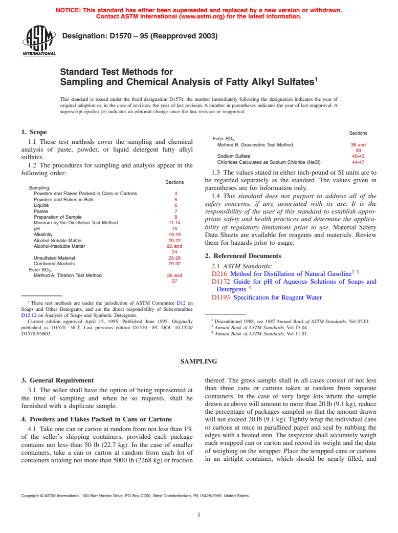 ASTM D1570-95(2003) - Standard Test Methods for Sampling and Chemical Analysis of Fatty Alkyl Sulfates