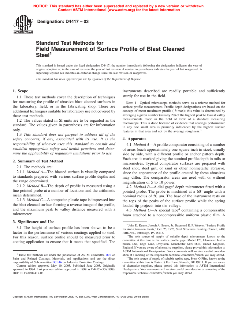 ASTM D4417-03 - Standard Test Methods for Field Measurement of Surface Profile of Blast Cleaned Steel