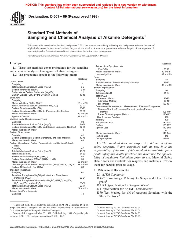 ASTM D501-89(1998) - Standard Test Methods of Sampling and Chemical Analysis of Alkaline Detergents (Withdrawn 2001)