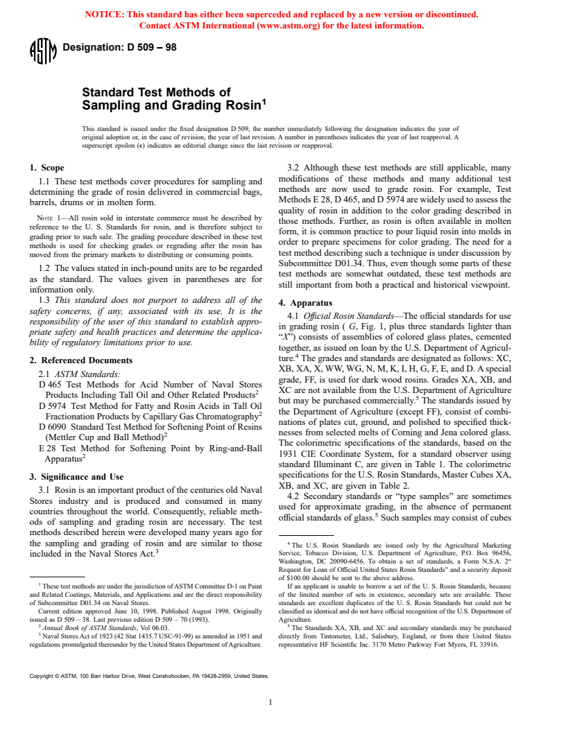 ASTM D509-98 - Standard Test Methods of Sampling and Grading Rosin