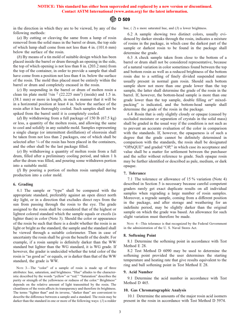 ASTM D509-98 - Standard Test Methods of Sampling and Grading Rosin