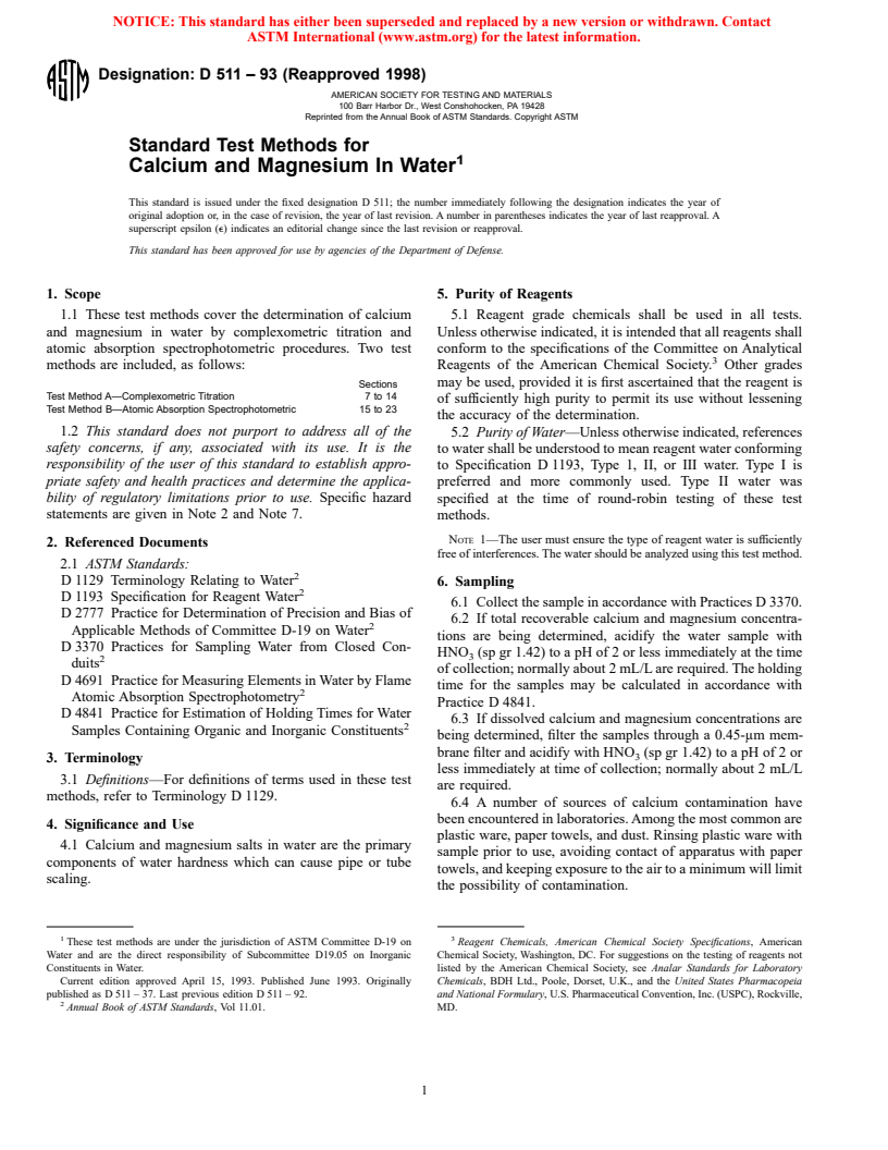 ASTM D511-93(1998) - Standard Test Methods for Calcium and Magnesium In Water