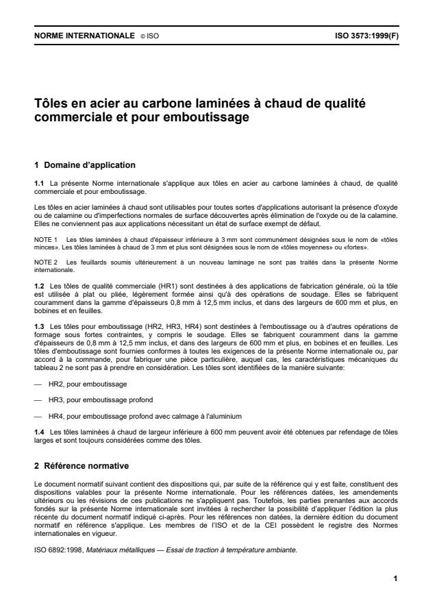 ISO 3573:1999 - Tôles en acier au carbone laminées a chaud de qualité commerciale et pour emboutissage