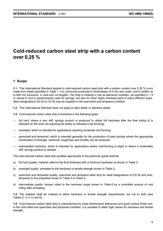 ISO 4960:1999 - Cold-reduced carbon steel strip with a carbon content over 0,25 %