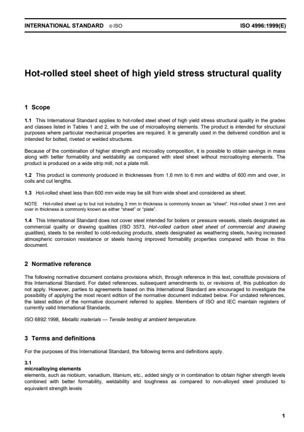 ISO 4996:1999 - Hot-rolled steel sheet of high yield stress structural quality