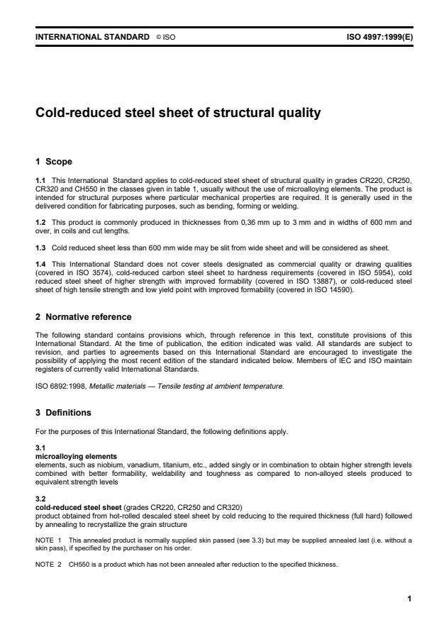 ISO 4997:1999 - Cold-reduced steel sheet of structural quality
