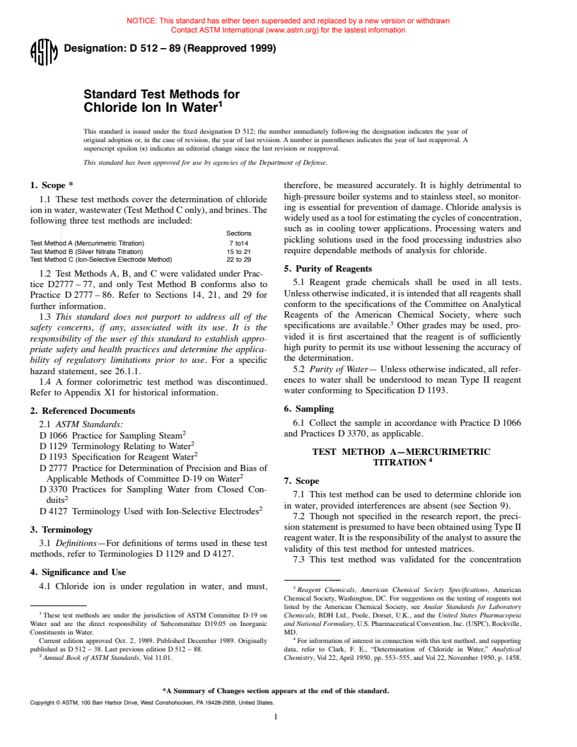 ASTM D512-89(1999) - Standard Test Methods for Chloride Ion In Water