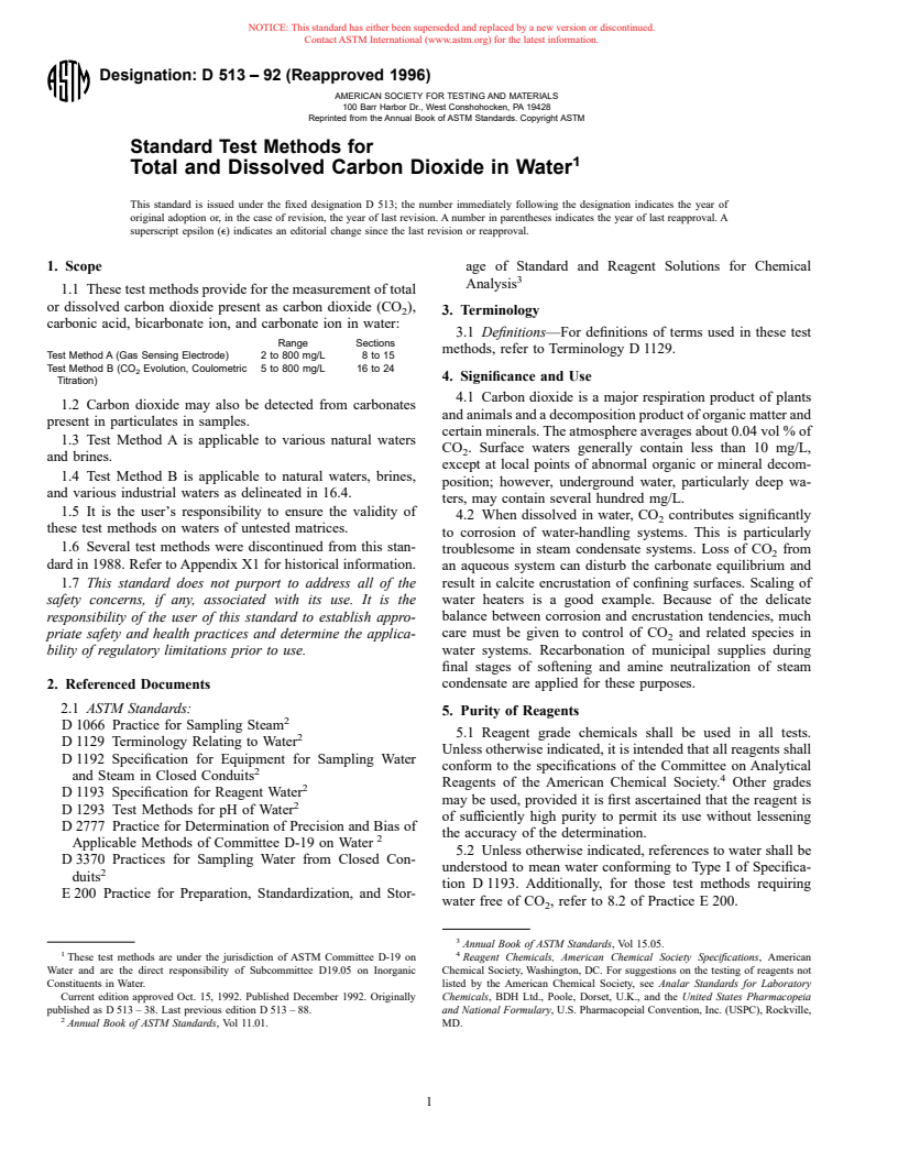 ASTM D513-92(1996) - Standard Test Methods for Total and Dissolved Carbon Dioxide in Water