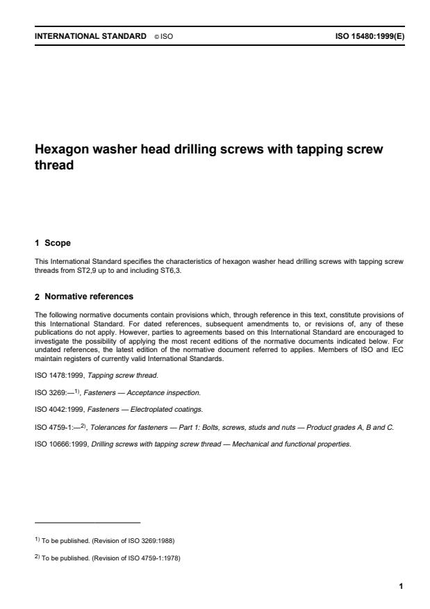 ISO 15480:1999 - Hexagon washer head drilling screws with tapping screw thread