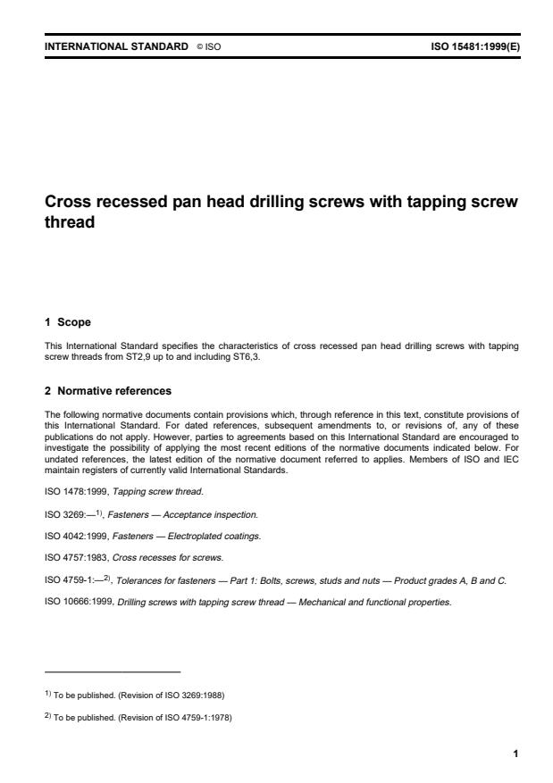 ISO 15481:1999 - Cross recessed pan head drilling screws with tapping screw thread