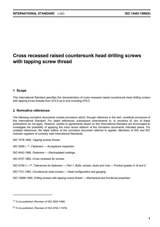 ISO 15483:1999 - Cross recessed raised countersunk head drilling screws with tapping screw thread