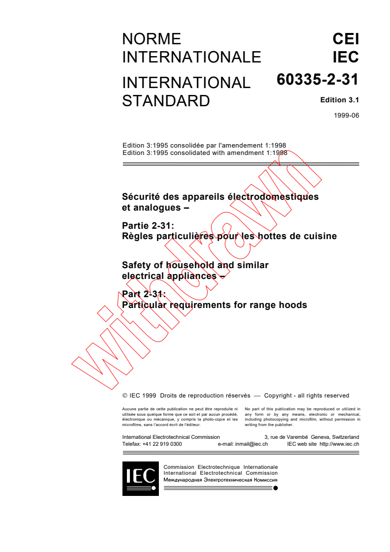 IEC 60335-2-31:1995+AMD1:1998 CSV - Safety of household and similar electrical appliances - Part 2-31: Particular requirements for range hoods
Released:6/30/1999
Isbn:2831847842
