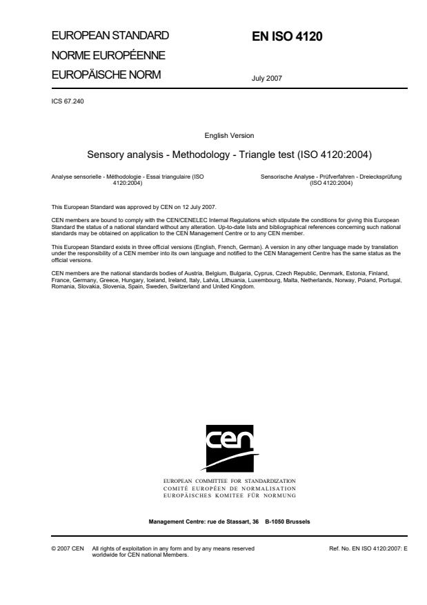 EN ISO 4120 2007 Sensory Analysis Methodology Triangle Test ISO 4120 2004 