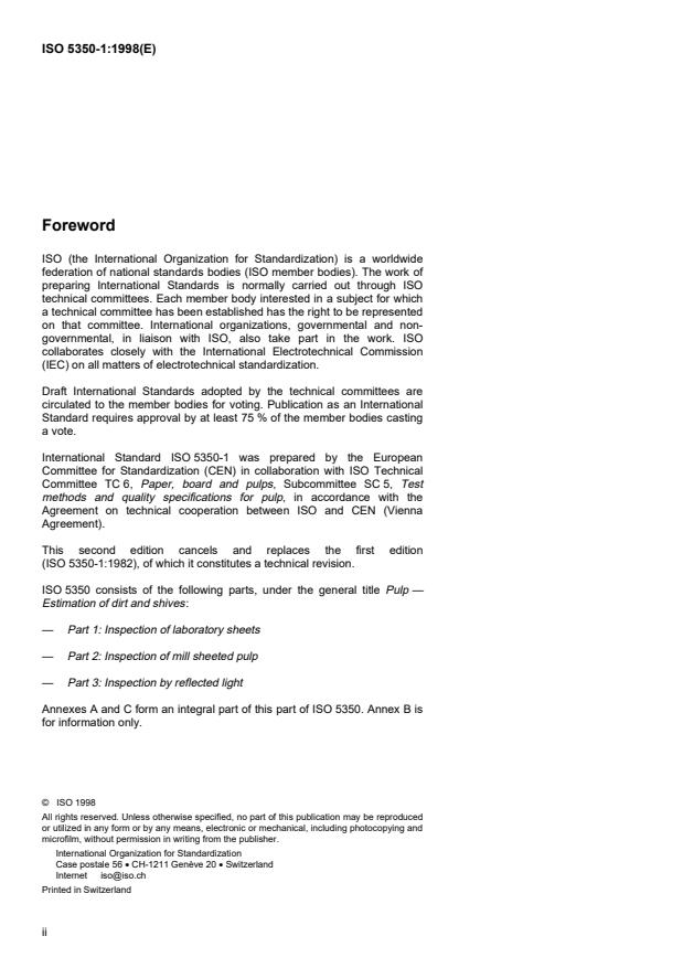 ISO 5350-1:1998 ISO 5350-1:1998 - Pulp -- Estimation of dirt and shives - Page 2 preview