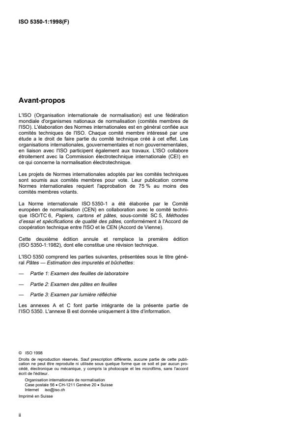 ISO 5350-1:1998 ISO 5350-1:1998 - Pâtes -- Estimation des impuretés et buchettes - Page 2 preview