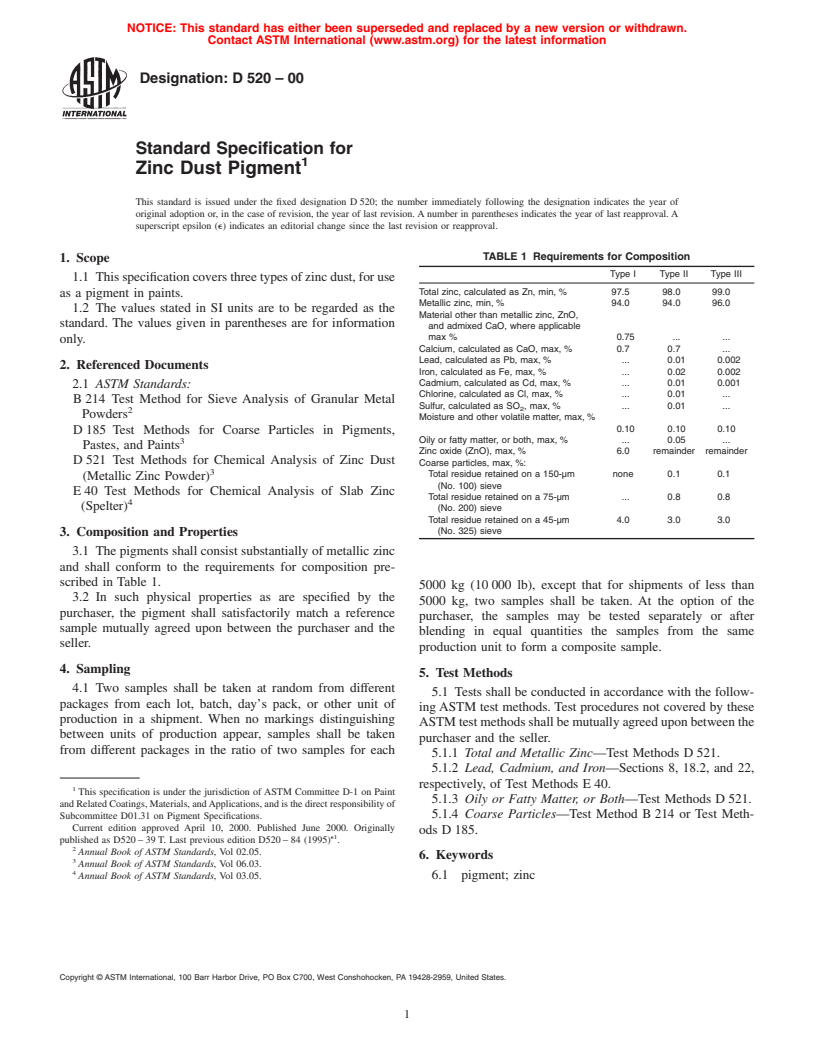 ASTM D520-00 - Standard Specification for Zinc Dust Pigment