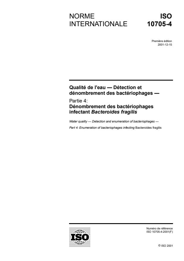 ISO 10705-4:2001 - Qualité de l'eau -- Détection et dénombrement des bactériophages