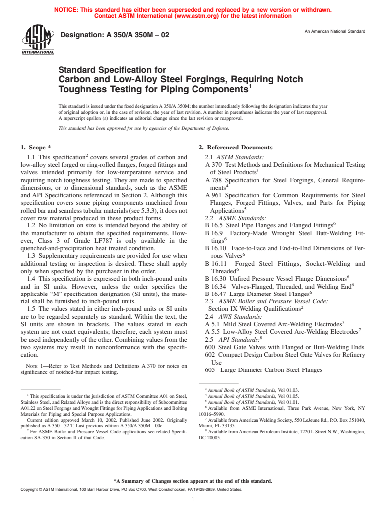ASTM A350/A350M-02 - Standard Specification for Carbon and Low-Alloy Steel Forgings, Requiring Notch Toughness Testing for Piping Components