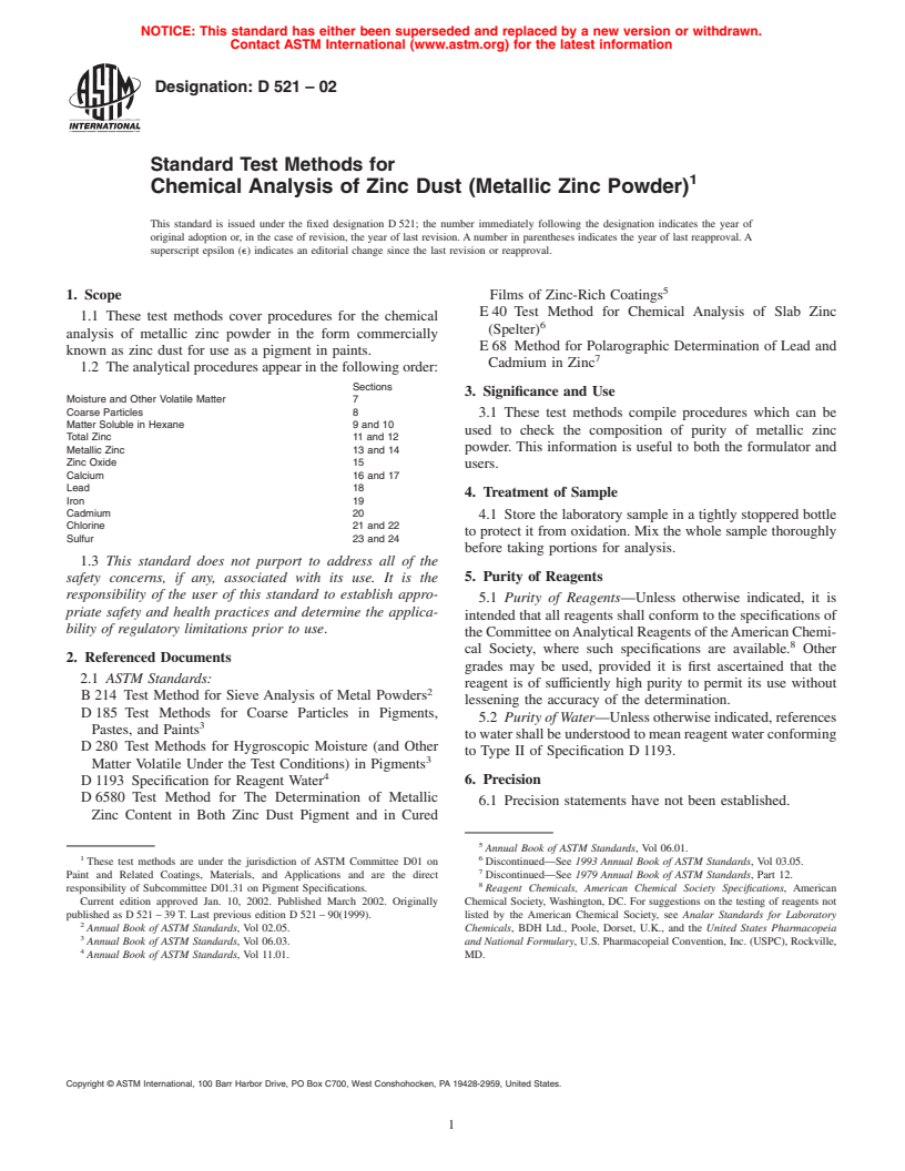 ASTM D521-02 - Standard Test Methods for Chemical Analysis of Zinc Dust (Metallic Zinc Powder)