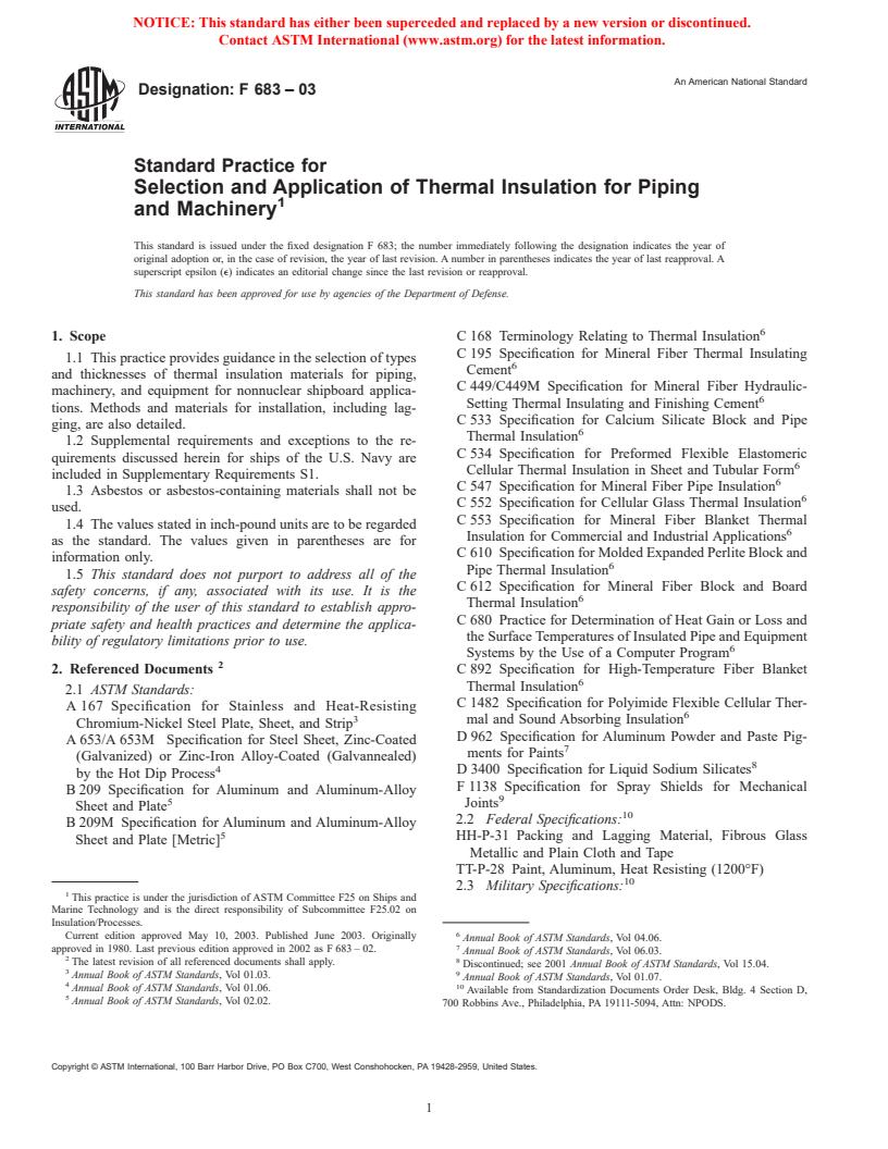 ASTM F683-03 - Standard Practice for Selection and Application of Thermal Insulation for Piping and Machinery