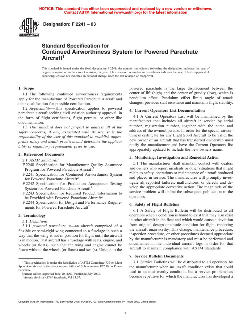 ASTM F2241-03 - Standard Specification for Continued Airworthiness System for Powered Parachute Aircraft