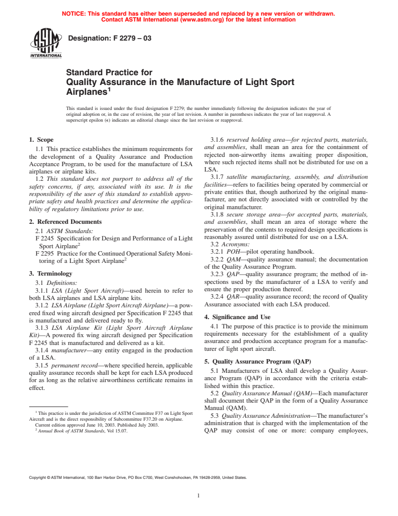 ASTM F2279-03 - Standard Practice for Quality Assurance in the Manufacture of Light Sport Airplanes