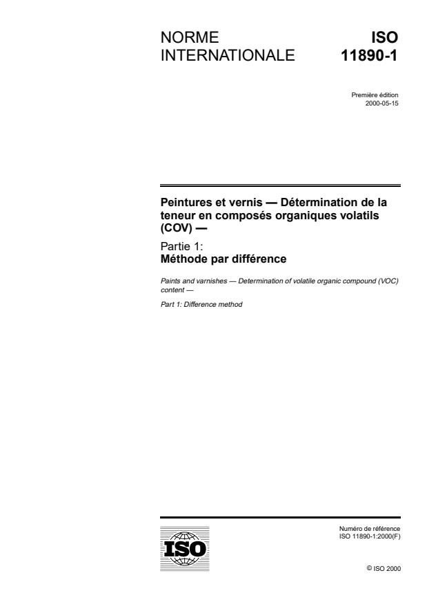 ISO 11890-1:2000 - Peintures et vernis -- Détermination de la teneur en composés organiques volatils (COV)