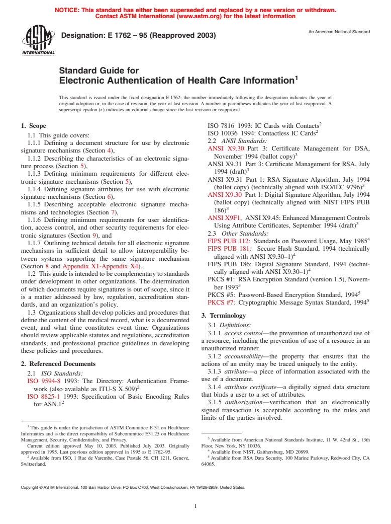 ASTM E1762-95(2003) - Standard Guide for Electronic Authentication of Health Care Information