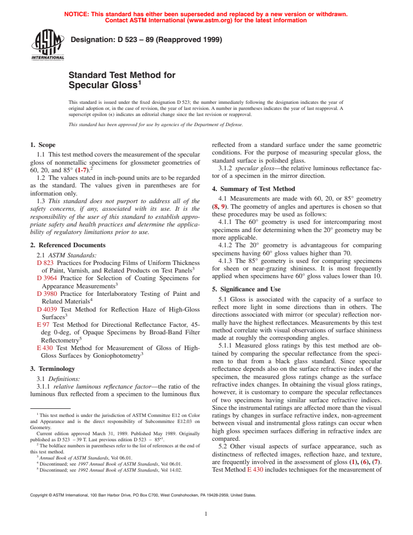 ASTM D523-89(1999) - Standard Test Method for Specular Gloss