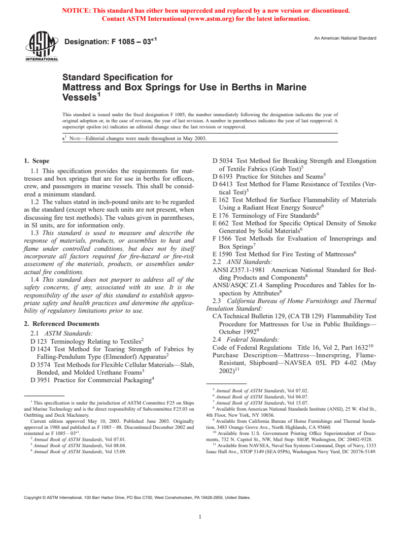 ASTM F1085-03e1 - Standard Specification for Mattress and Box Springs for Use in Berths in Marine Vessels