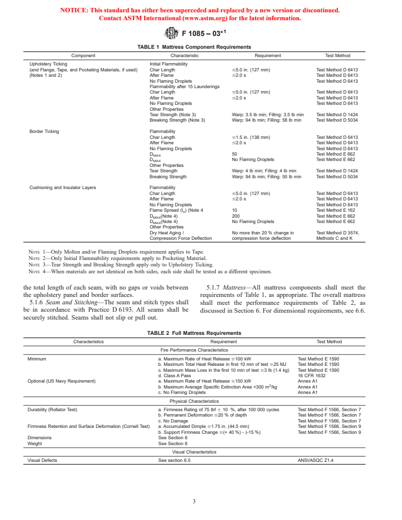 ASTM F1085-03e1 - Standard Specification for Mattress and Box Springs for Use in Berths in Marine Vessels