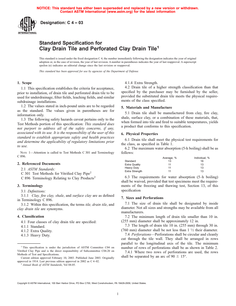 ASTM C4-03 - Standard Specification for Clay Drain Tile and Perforated Clay Drain Tile