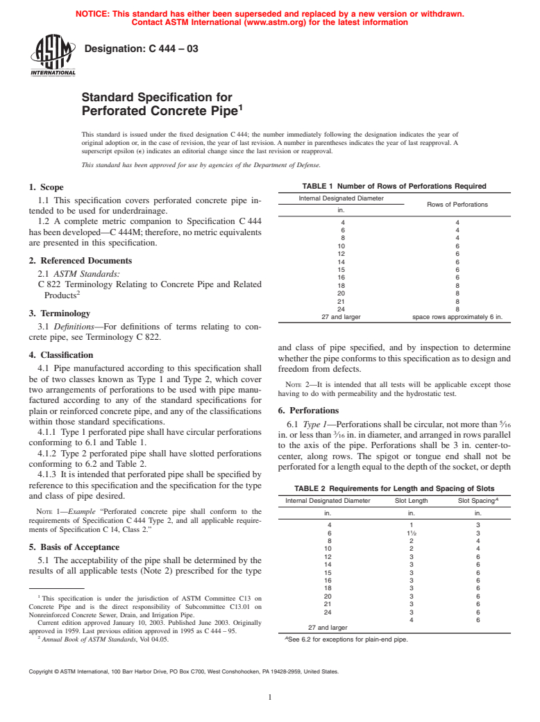 ASTM C444-03 - Standard Specification for Perforated Concrete Pipe