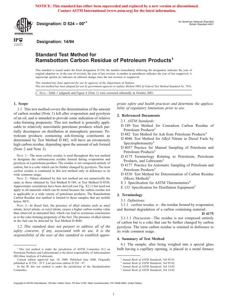 ASTM D524-00e1 - Standard Test Method for Ramsbottom Carbon Residue of Petroleum Products