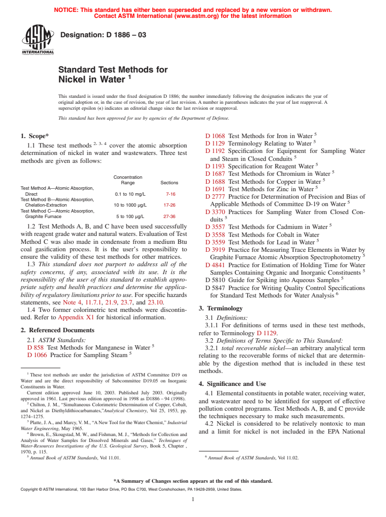 ASTM D1886-03 - Standard Test Methods for Nickel in Water