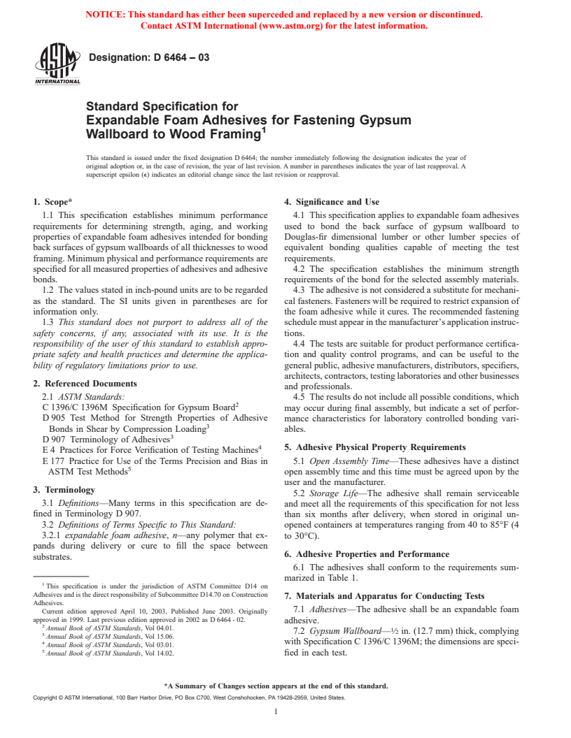 ASTM D6464-03 - Standard Specification for Expandable Foam Adhesives for Fastening Gypsum Wallboard to Wood Framing