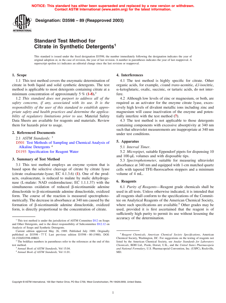 ASTM D3598-89(2003) - Standard Test Method for Citrate in Synthetic Detergents