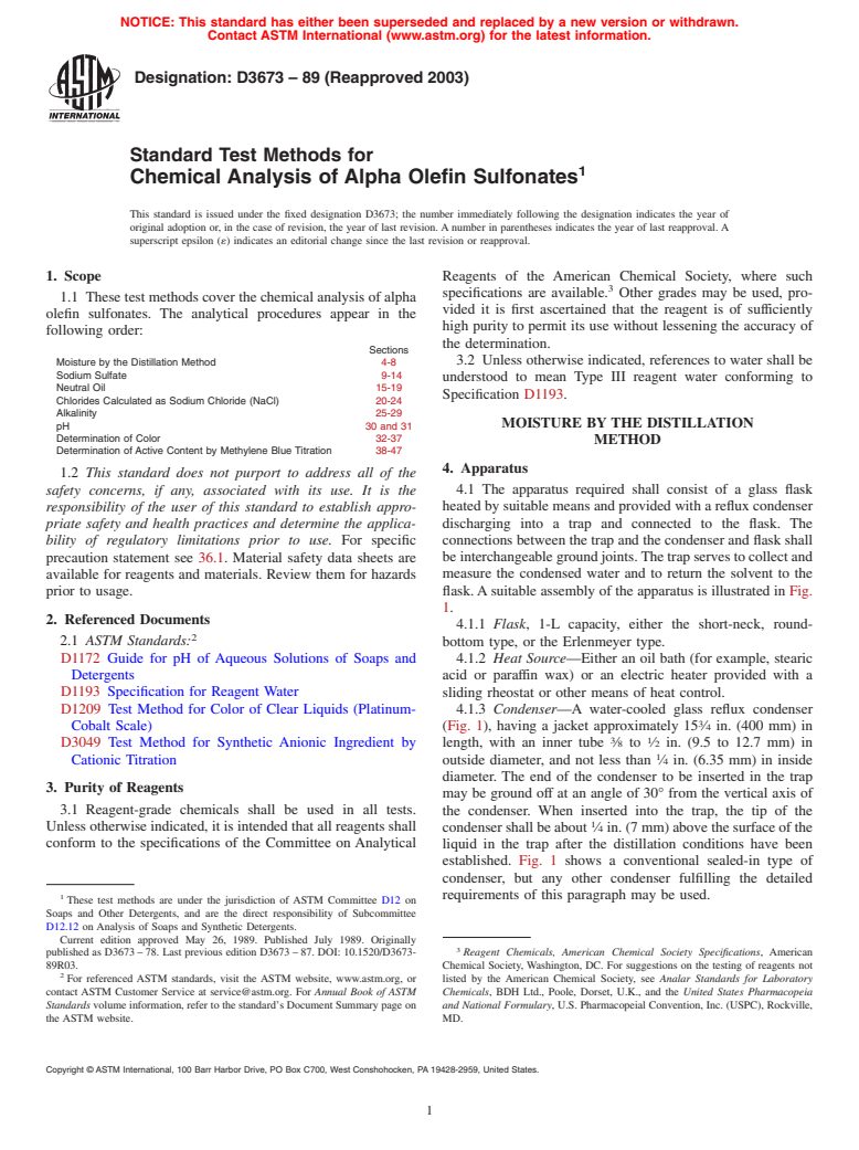 ASTM D3673-89(2003) - Standard Test Methods for Chemical Analysis of Alpha Olefin Sulfonates