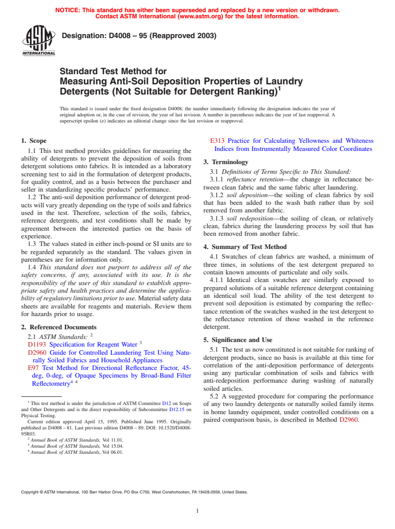 ASTM D4008-95(2003) - Standard Test Method for Measuring Anti-Soil Deposition Properties of Laundry Detergents (Not Suitable for Detergent Ranking)