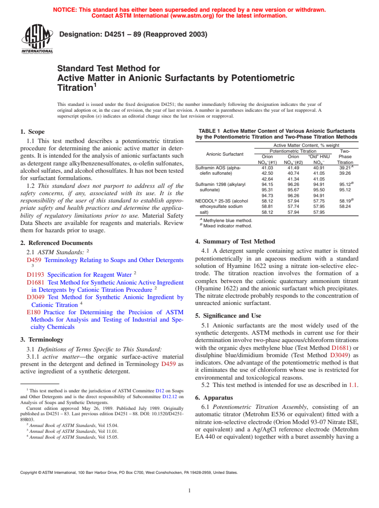 ASTM D4251-89(2003) - Standard Test Method for Active Matter in Anionic Surfactants by Potentiometric Titration