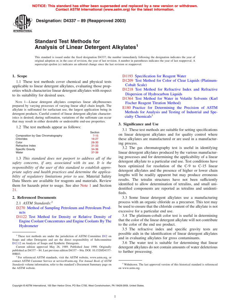 ASTM D4337-89(2003) - Standard Test Methods for Analysis of Linear Detergent Alkylates