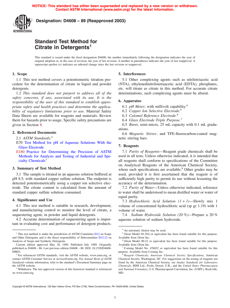 ASTM D4608-89(2003) - Standard Test Method for Citrate in Detergents