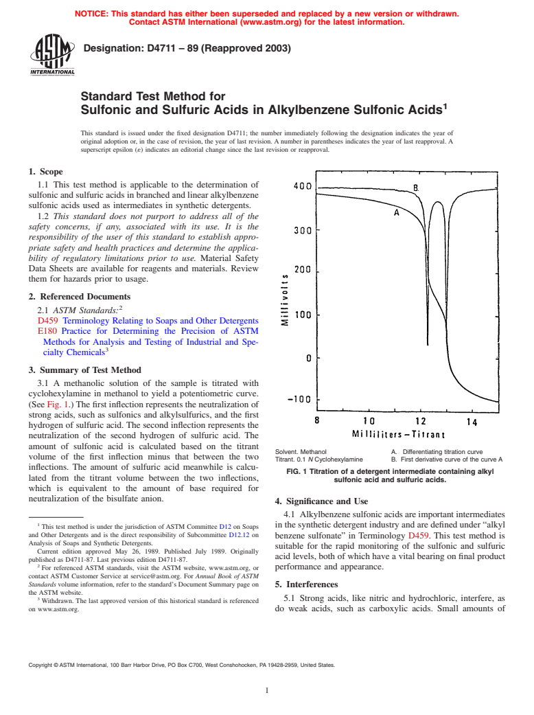 ASTM D4711-89(2003) - Standard Test Method for Sulfonic and Sulfuric Acids in Alkylbenzene Sulfonic Acids