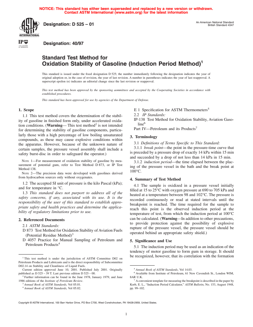 ASTM D525-01 - Standard Test Method for Oxidation Stability of Gasoline (Induction Period Method)